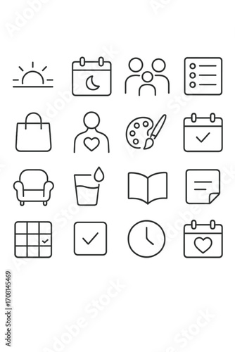 Daily Routine icons in minimalistic line art style: morning slot, evening task, family time, meal plan, shopping day, self-care reminder, hobby time,