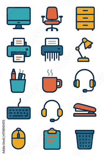 Office Equipment icons in modern flat vector style in minimalistic vibrant color design: desktop computer, laptop, office chair, filing cabinet,