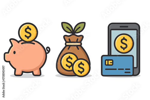 Financial icon set for saving, investing, and digital transactions. Vector concepts for wealth growth, piggy bank savings, online mobile banking, and credit card payment.