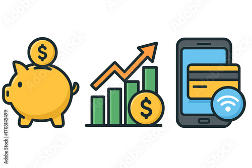 Modern financial vector icons. Piggy bank for saving money, growth chart for investing, and smartphone with credit card for digital transactions, mobile payment, and banking.
