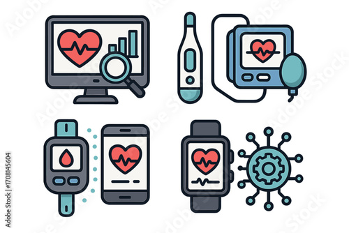 Health technology icon set with medical devices for data analysis and monitoring. Vector illustration of wearable health monitors, smartwatch, and digital healthcare innovation.