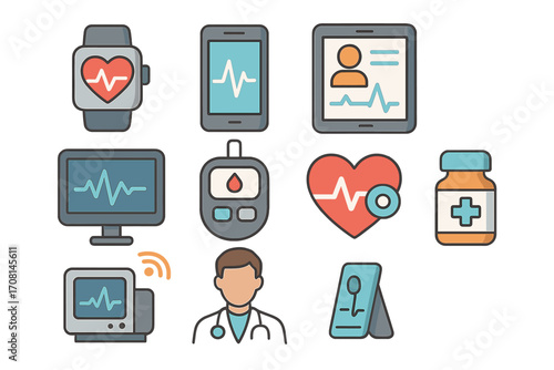 Health technology icons representing digital tools, medical care, patient monitoring systems. Vector icon set for telehealth, cardiology, diabetes, electronic health record.