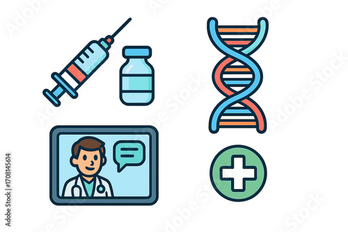 Health technology icon set. Telemedicine, online doctor consultation, vaccine, DNA analysis. Medical and healthcare vector cartoon icons for web and mobile. Genetics.