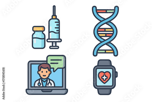 Health technology icon set with telemedicine, online doctor, DNA genetics research, vaccine immunization, and smartwatch health tracker. Vector concept for digital healthcare.