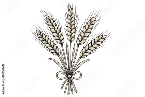 Sheaf of wheat ears vector illustration. Rustic grain harvest for bakery & bread. Agriculture, farming & organic food symbol. Cereal crop hand drawn decorative element.
