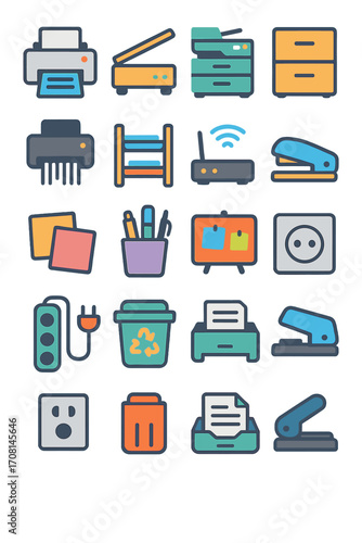 Shared Office Tools icons in modern flat vector style in minimalistic vibrant color design: printer, scanner, copier, filing cabinet, shredder, paper