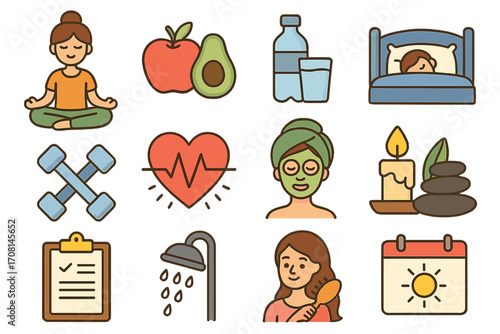 Healthy lifestyle and self-care activities icon collection. Wellness, fitness, yoga, nutrition, and relaxation vector icons for mental health and daily routine concepts.