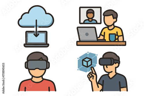 Modern technology icon set. Remote work, virtual reality, and metaverse concepts. Vector illustrations of cloud computing, online meetings, and digital interaction with VR.