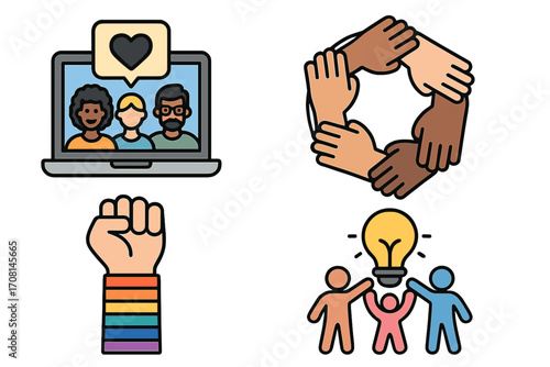Diversity and inclusion icons set. Teamwork, community, and collaboration concept. LGBTQ pride fist. Multicultural hands together. Online meeting. Innovation and ideas.