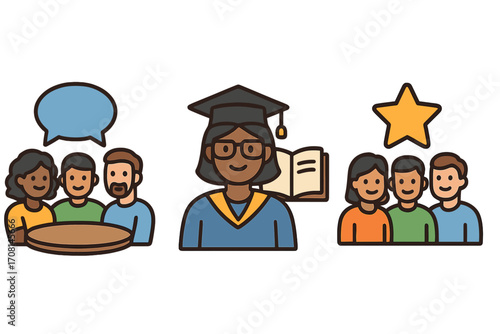 Icon set for teamwork, learning, and success. Diverse group in discussion. Graduate person with book. Team achievement with a star award. Vector concepts for business and education.