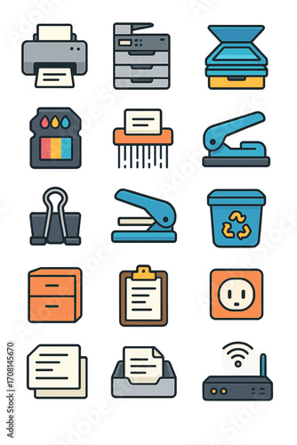 Printing Station icons in modern flat vector style in minimalistic vibrant color design: printer, copier, scanner, paper tray, ink cartridge, shredder
