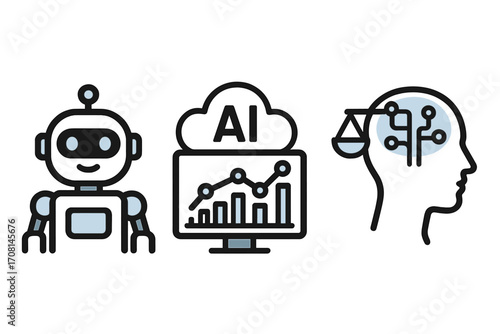 Artificial intelligence icon set. Robotics, AI data analysis, ethical considerations. Technology, machine learning concepts. Vector illustration for cloud computing and law.