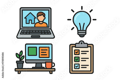Remote work and home office line icon set. Business and technology concepts. Vector illustrations for freelance, telecommuting, online meeting, productivity, new ideas, workflow.