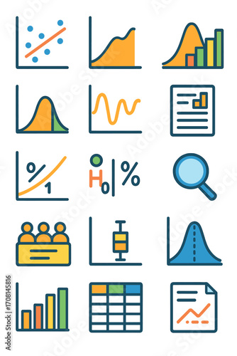 Statistical Analysis icons in modern flat vector style in minimalistic vibrant color design: scatter plot, regression line, bell curve, histogram bars