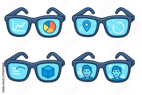 Smart glasses set with augmented reality features. AR technology concept with futuristic interface. Vector icons for data analysis, navigation, 3D modeling, and face recognition.