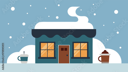 Cozy winter coffee shop illustration snowy scene warm lights festive atmosphere scalable vector