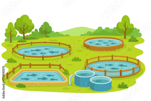 Fish farming concept with various ponds and tanks for aquaculture. Fishery and husbandry business. Vector cartoon illustration of a fish farm landscape in a tranquil setting.