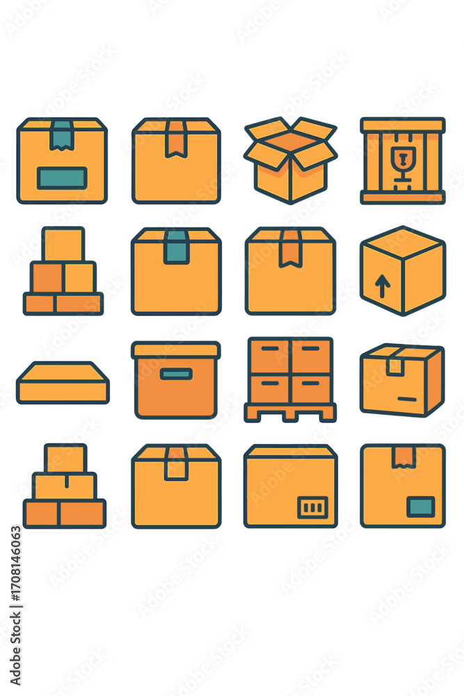 Moving Boxes icons in modern flat vector style in minimalistic vibrant color design: labeled moving box, taped box, open package, fragile moving crate