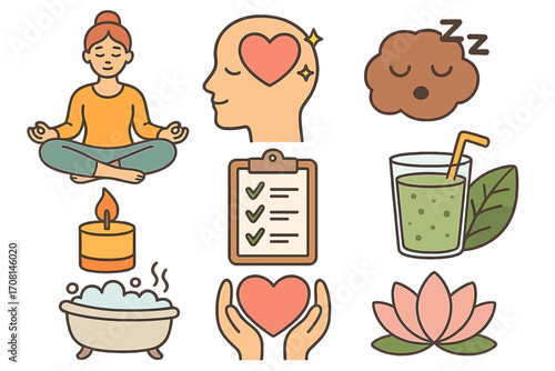 Mindfulness and well-being icon set. Self-care, mental health and relaxation practices. Vector cartoon icons for meditation, yoga, sleep, healthy habits and positive mind.