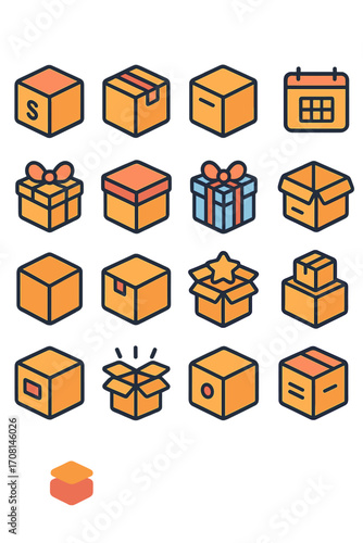 Subscription Boxes icons in modern flat vector style in minimalistic vibrant color design: branded box, taped subscription package, labeled box,