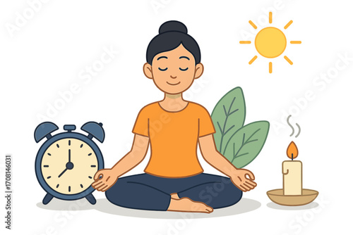 Mindfulness and meditation concept with woman in lotus pose. Cartoon character illustrates calm, peace, and balance. Daily routine for mental health and self-care.