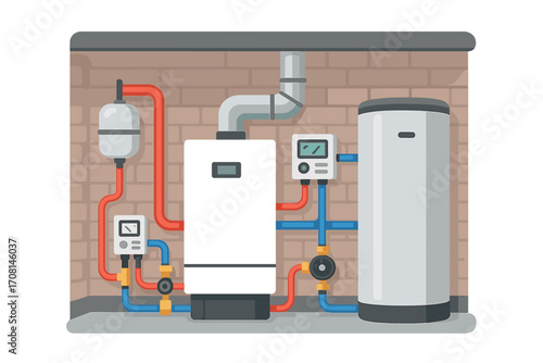 Modern boiler room with gas heater, pipes and hot water cylinder. Vector illustration of home heating system. Industrial plumbing and house central heating technology.