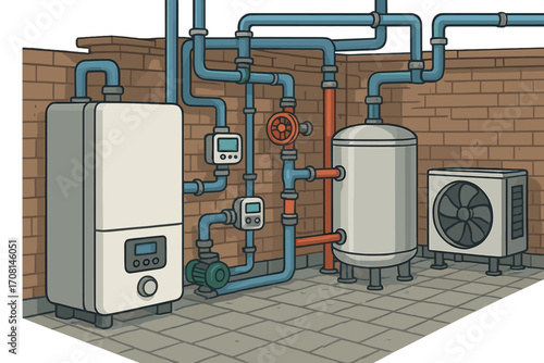 Modern industrial boiler room with heating and cooling system. Gas boiler, water tank, heat pump, and pipes in a building basement. HVAC technology and plumbing concept.