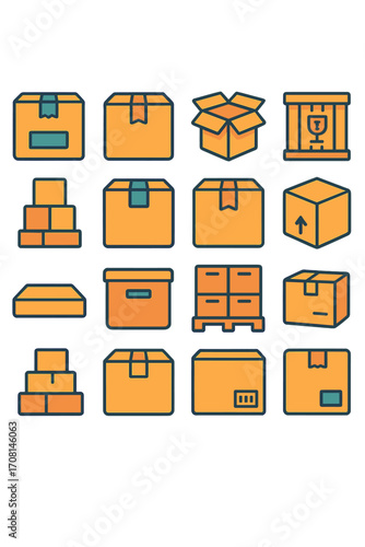 Moving Boxes icons in modern flat vector style in minimalistic vibrant color design: labeled moving box, taped box, open package, fragile moving crate