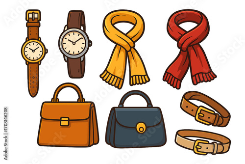 Stylish fashion accessories set. Vector collection of cartoon watches, scarves, handbags, and belts. Personal style items illustration isolated on white background.