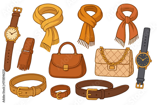 Set of stylish autumn fashion accessories. Cartoon vector illustrations collection with watch, handbag, scarf and belt. Isolated personal items for elegant fall style design.