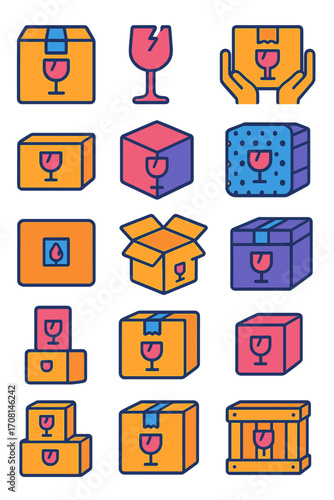 Fragile Packages icons in modern flat vector style in minimalistic vibrant color design: fragile label box, glass symbol package, careful handling box