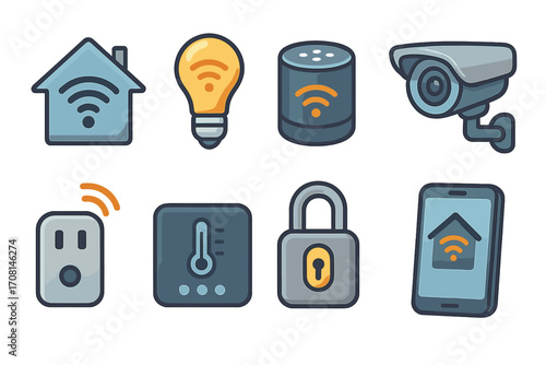 Smart home device icon set. Vector cartoon illustration of home automation technology. Internet of Things concept with smart light, security camera, plug, lock, and thermostat.