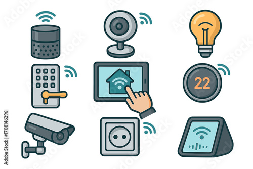 Smart home icon set for home automation. Internet of things (IoT) concept with connected devices. Vector icons for security camera, lock, light, thermostat, and hub.