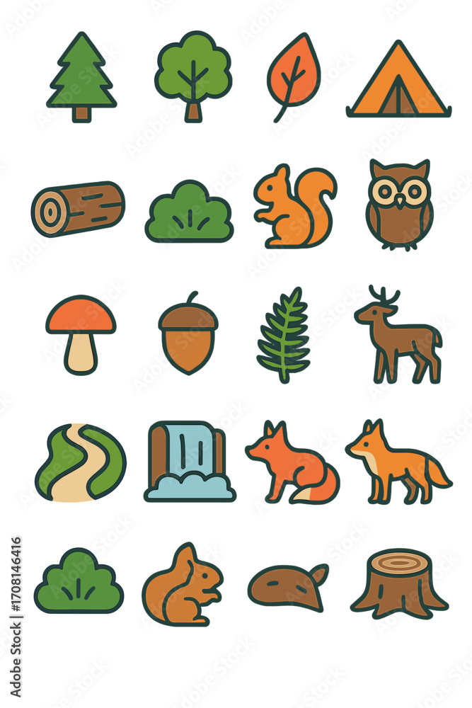 Obraz premium Forest Conservation icons in modern flat vector style in minimalistic vibrant color design: pine tree, oak tree, fallen leaf, camping tent, log icon,