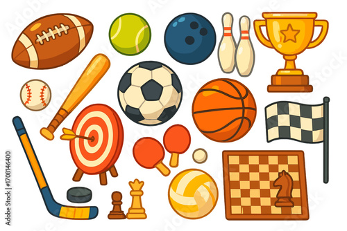 Big sports equipment set. Cartoon vector collection of game icons. Football, basketball, soccer, baseball, tennis, bowling, hockey, chess, archery and volleyball items.