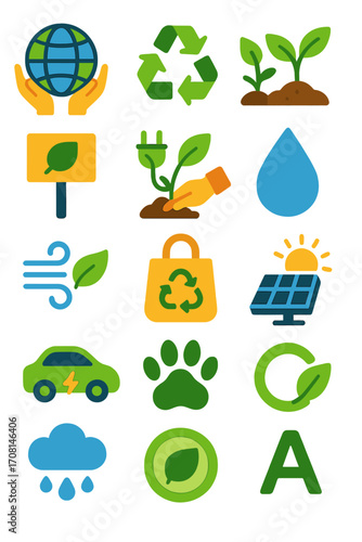 Environmental Awareness icons in modern flat vector style in minimalistic vibrant color design: globe hands, eco sign, recycling arrows, plant sprout,