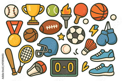 Vector sport icon set. Cartoon collection of game equipment. Football, basketball, baseball, tennis. Champion trophy, medal. Fitness and competition symbols. Flat design elements.