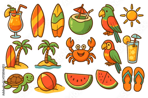 Summer beach vacation icon set. Tropical travel elements collection. Cartoon vector illustration of surfboard, palm tree, cocktail, crab, turtle, parrot, sun, and fruit.