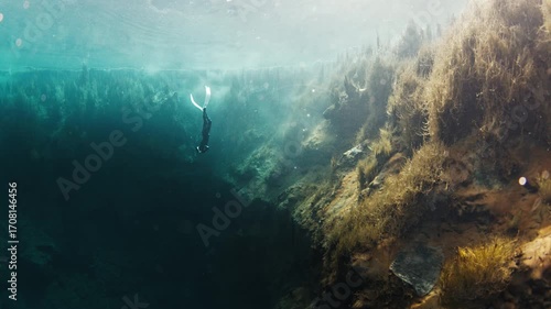 Wallpaper Mural Freediver swims underwater in the crystal clear karst lake. Woman dives and glides underwater with fins in the blue lake. The lake named Goluboye Ozero, Samara, Russia Torontodigital.ca
