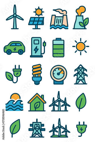 Renewable Energy icons in modern flat vector style in minimalistic vibrant color design: wind turbine, solar panel, hydro power, geothermal plant,