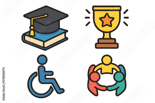 Education and success icon set. Graduation cap, trophy, accessibility and collaboration symbols. Achievement, inclusivity, teamwork and community vector cartoon illustration.