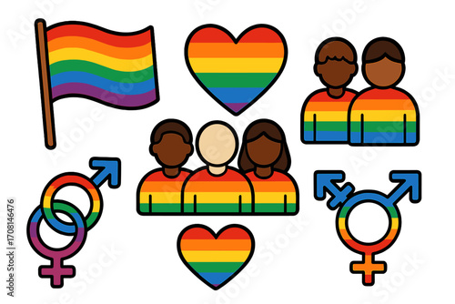 Set of LGBTQ+ pride month vector icons. Symbols of diversity, inclusion, and equality. Rainbow flag, heart, gender signs, and multiracial couples. Love is love concept.