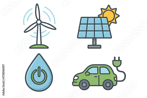 Renewable energy icon set with wind turbine, solar panel, water power drop, and electric car. Green, sustainable, and eco-friendly technology symbols. Vector illustration.