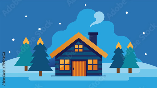 Cozy log cabin nestled in snowy woods warm fire glowing from windows vector illustration