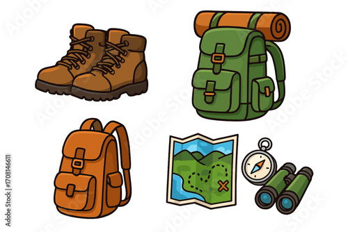 Travel essentials for adventure seekers. Hiking and camping equipment set with boots, backpack, map, compass and binoculars. Outdoor exploration gear. Vector cartoon icons.