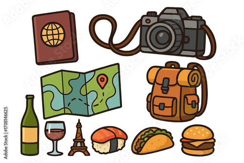 Set of travel icons for world adventure. Tourism essentials with passport, camera, map, backpack. International food and landmark icons like sushi, taco, and Eiffel Tower.