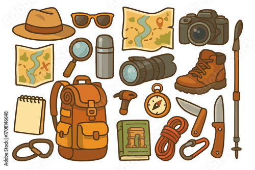 Travel essentials for adventure, exploring historical sites and nature trails. Vector icon set with photography equipment, backpack, map, compass, boots and hiking gear.