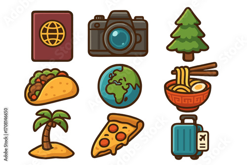 Travel icon set for world tourism and food adventure. Vector cartoon passport, camera, luggage, globe, pizza, ramen, and taco representing global destinations and vacation.