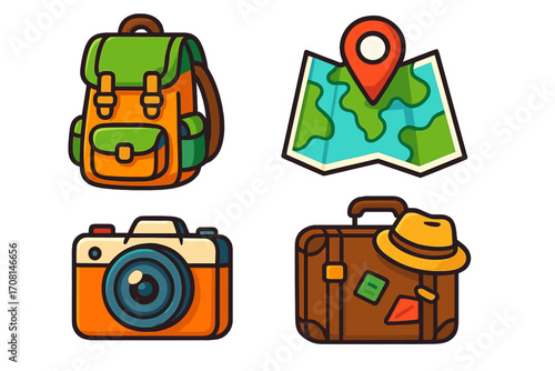 Travel essentials icon set for adventure and tourism. Vector cartoon illustration of journey items like backpack, camera, map, and luggage for vacation planning concept.