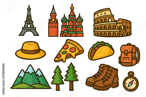 Travel icon set vector cartoon. World landmarks and food. Paris Eiffel Tower, Moscow Kremlin, Rome Colosseum. Adventure gear, hiking boots, backpack, compass, mountains.
